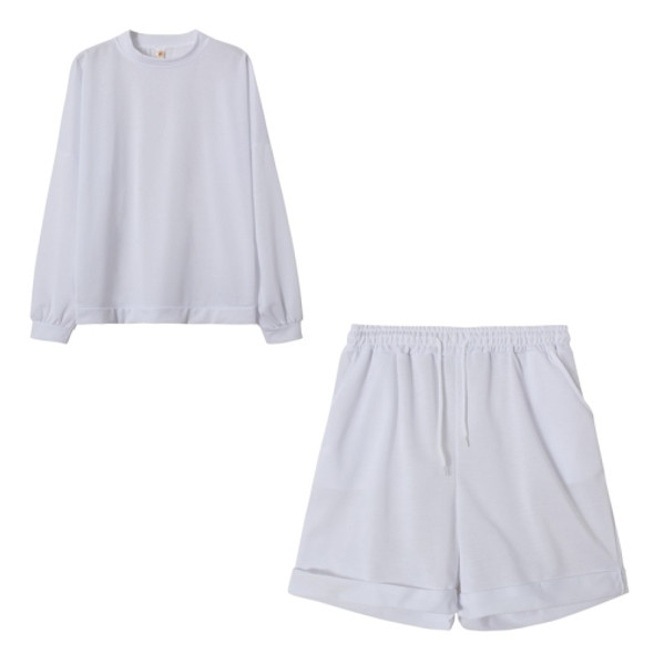 2 in 1 Spring Autumn Solid Color Loose Round Neck Long Sleeve Shirt + Shorts Set for Ladies (Color:White Size:L)