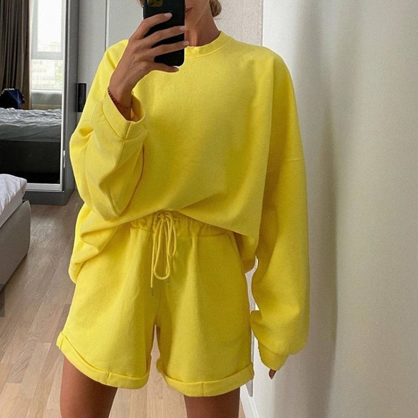 2 in 1 Spring Autumn Solid Color Loose Round Neck Long Sleeve Shirt + Shorts Set for Ladies (Color:Yellow Size:S)