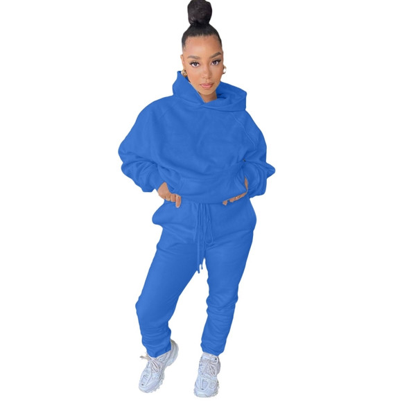 2 In 1 Spring Autumn Solid Color Big Pocket Hooded Sweatshirt Set for Ladies (Color:Blue Size:XXL)