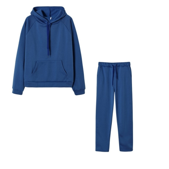 2 In 1 Spring Autumn Solid Color Big Pocket Hooded Sweatshirt Set for Ladies (Color:Blue Size:XL)