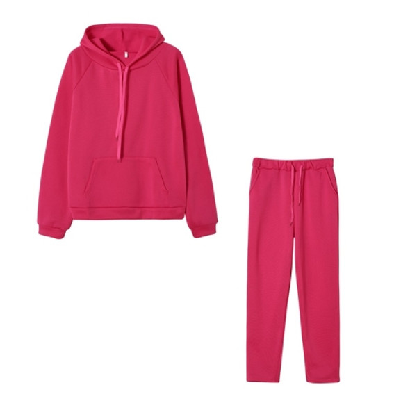 2 In 1 Spring Autumn Solid Color Big Pocket Hooded Sweatshirt Set for Ladies (Color:Rose Red Size:M)