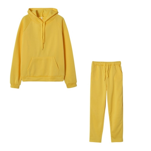 2 In 1 Spring Autumn Solid Color Big Pocket Hooded Sweatshirt Set for Ladies (Color:Yellow Size:L)