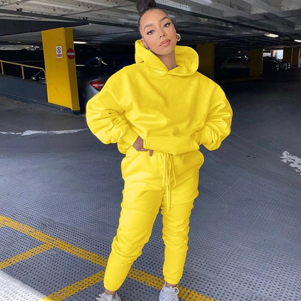 2 In 1 Spring Autumn Solid Color Big Pocket Hooded Sweatshirt Set for Ladies (Color:Yellow Size:XXL)