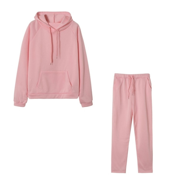 2 In 1 Spring Autumn Solid Color Big Pocket Hooded Sweatshirt Set for Ladies (Color:Pink Size:M)
