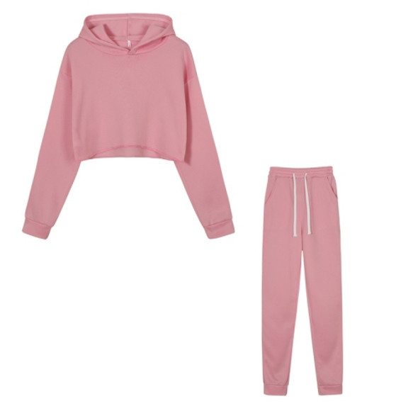 2 in 1 Autumn Winter Plus Velvet Thick Solid Color Cropped Hooded Sweater Set for Ladies (Color:Pink Size:S)