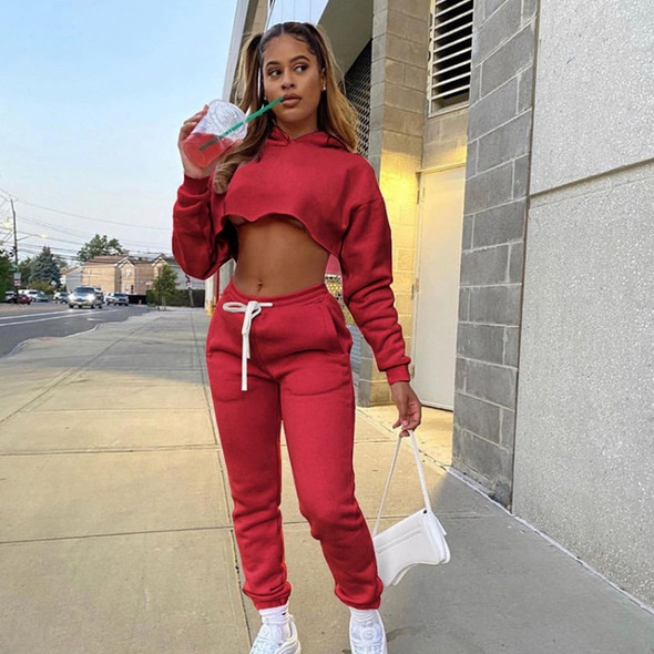 2 in 1 Autumn Winter Plus Velvet Thick Solid Color Cropped Hooded Sweater Set for Ladies (Color:Red Size:XXL)