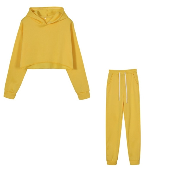 2 in 1 Autumn Winter Plus Velvet Thick Solid Color Cropped Hooded Sweater Set for Ladies (Color:Yellow Size:S)