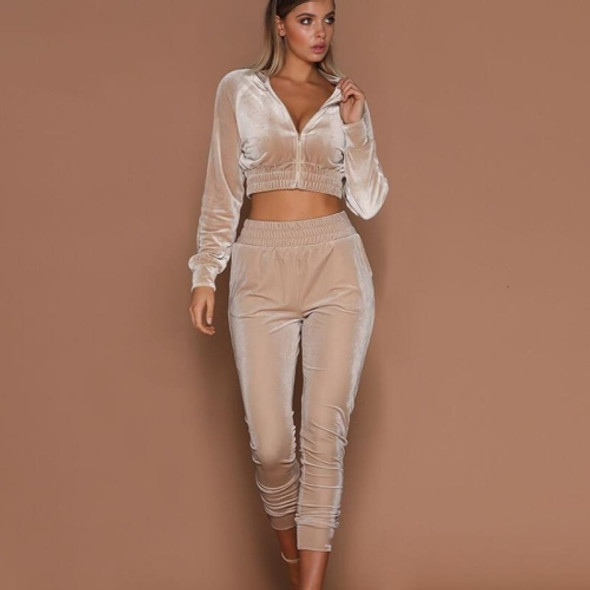 2 in 1 Autumn Ladies Velvet Solid Color Zipper Cropped Sweater Set For Ladies (Color:Apricot Size:S)