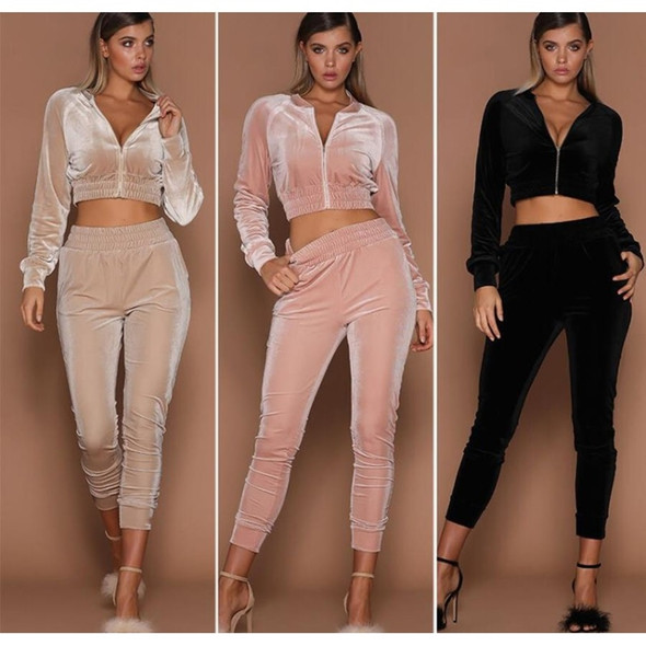 2 in 1 Autumn Ladies Velvet Solid Color Zipper Cropped Sweater Set For Ladies (Color:Apricot Size:S)