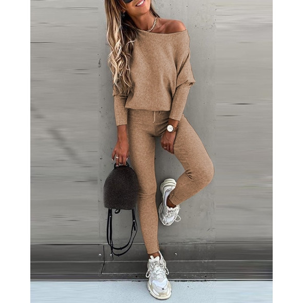 2 in 1 Autumn Pure Color Slanted Shoulder Long Sleeve Sweatshirt Set For Ladies (Color:Khaki Size:XL)