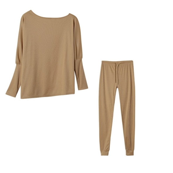 2 in 1 Autumn Pure Color Slanted Shoulder Long Sleeve Sweatshirt Set For Ladies (Color:Khaki Size:M)
