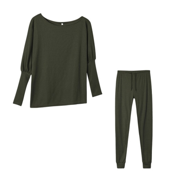 2 in 1 Autumn Pure Color Slanted Shoulder Long Sleeve Sweatshirt Set For Ladies (Color:Army Green Size:L)