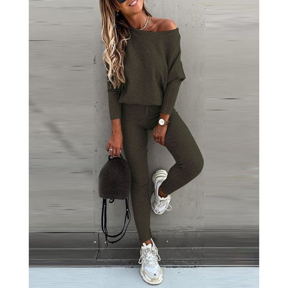 2 in 1 Autumn Pure Color Slanted Shoulder Long Sleeve Sweatshirt Set For Ladies (Color:Army Green Size:S)