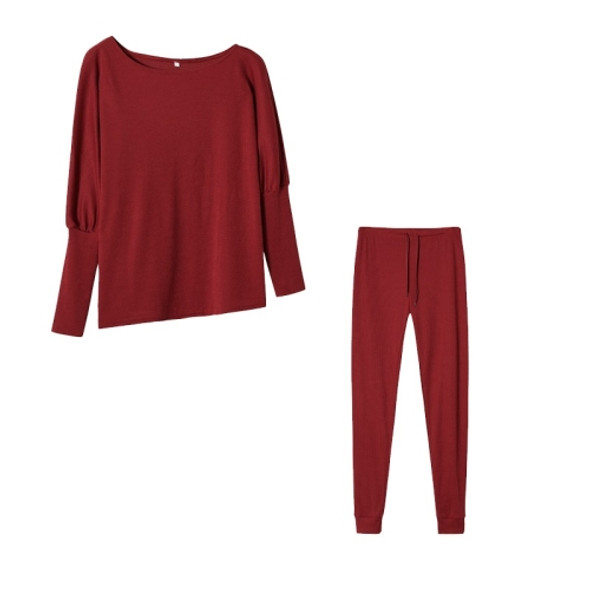 2 in 1 Autumn Pure Color Slanted Shoulder Long Sleeve Sweatshirt Set For Ladies (Color:Wine Red Size:XL)