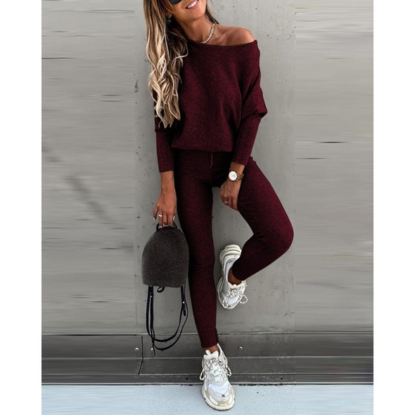 2 in 1 Autumn Pure Color Slanted Shoulder Long Sleeve Sweatshirt Set For Ladies (Color:Wine Red Size:XL)