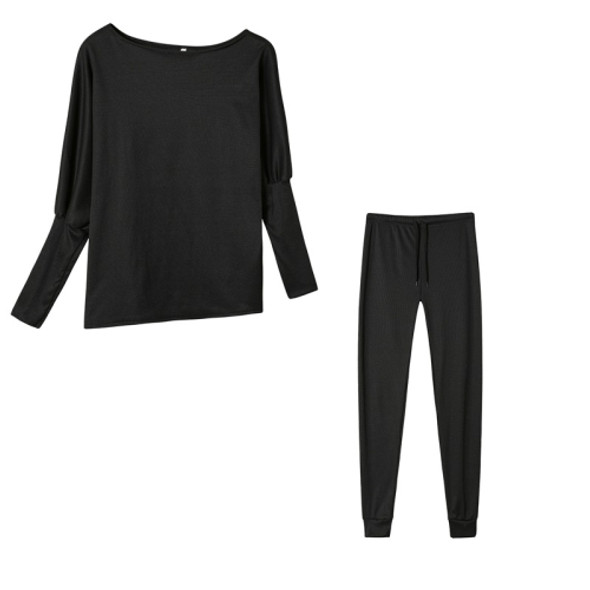 2 in 1 Autumn Pure Color Slanted Shoulder Long Sleeve Sweatshirt Set For Ladies (Color:Black Size:L)
