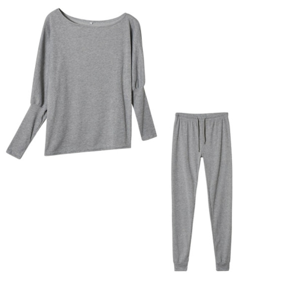 2 in 1 Autumn Pure Color Slanted Shoulder Long Sleeve Sweatshirt Set For Ladies (Color:Light Gray Size:L)