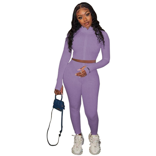 2 In 1 Autumn Solid Color High-neck Zipper Sweater + Trousers Suit For Ladies (Color:Purple Size:L)