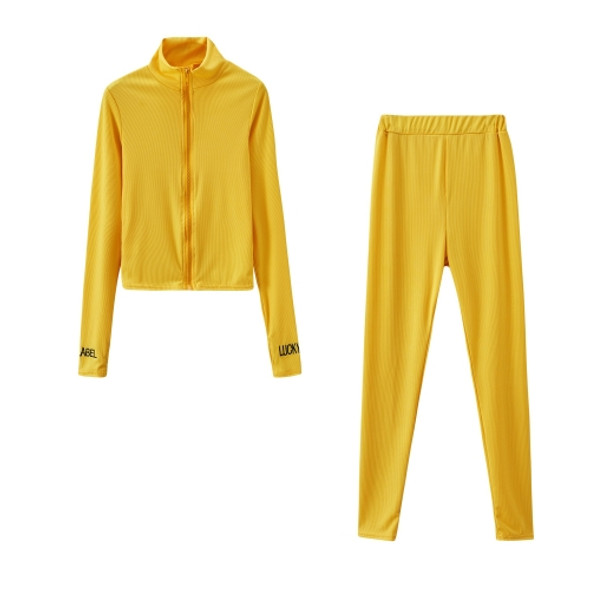 2 In 1 Autumn Solid Color High-neck Zipper Sweater + Trousers Suit For Ladies (Color:Yellow Size:L)