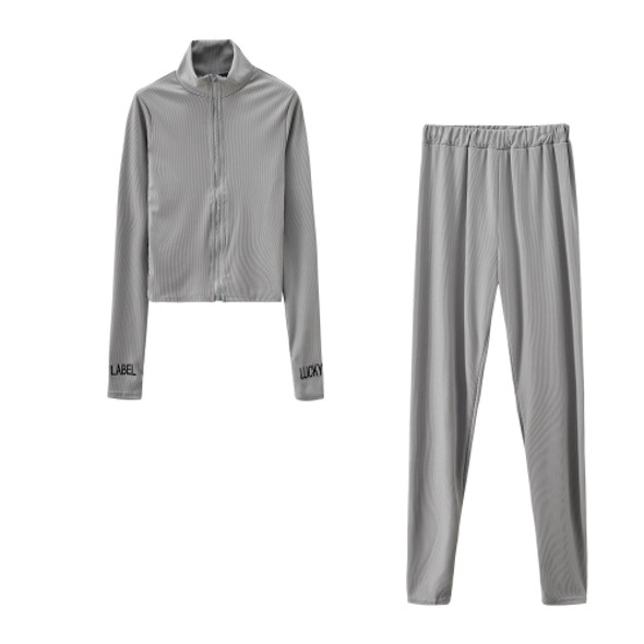 2 In 1 Autumn Solid Color High-neck Zipper Sweater + Trousers Suit For Ladies (Color:Gray Size:XL)