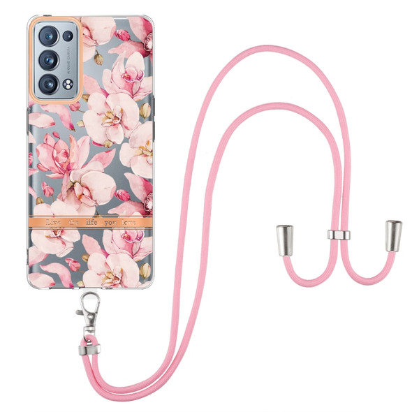 For OPPO Reno6 Pro+ 5G Flowers Series TPU Phone Case with Lanyard(Pink Gardenia)