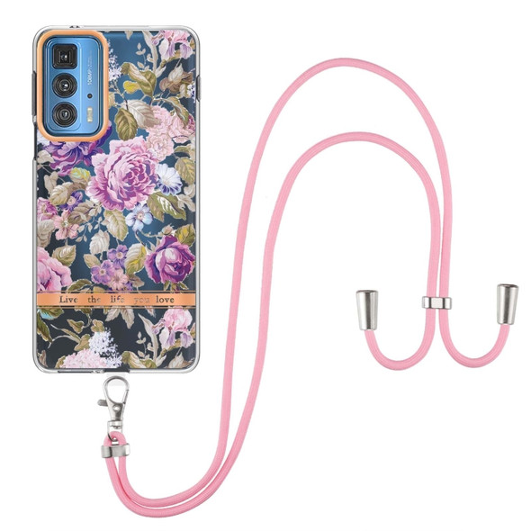 For Motorola Edge 20 Pro Flowers Series TPU Phone Case with Lanyard(Purple Peony)