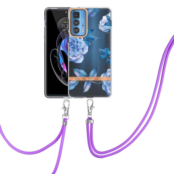 For Motorola Edge 20 Pro Flowers Series TPU Phone Case with Lanyard(Blue Peony)