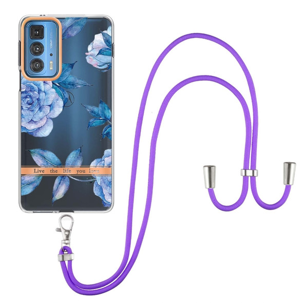 For Motorola Edge 20 Pro Flowers Series TPU Phone Case with Lanyard(Blue Peony)