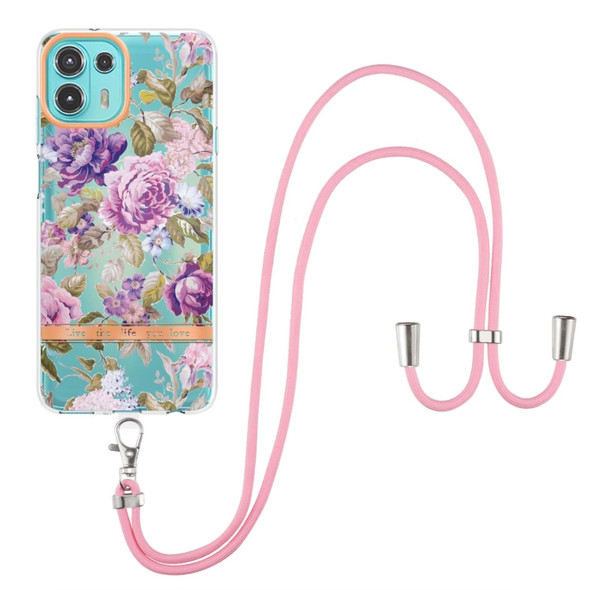 For Motorola Edge 20 Lite Flowers Series TPU Phone Case with Lanyard(Purple Peony)