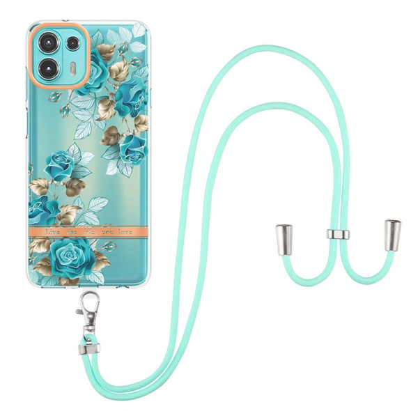 For Motorola Edge 20 Lite Flowers Series TPU Phone Case with Lanyard(Blue Rose)