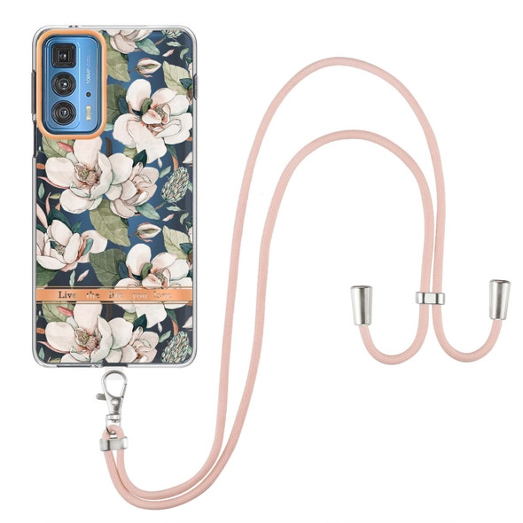 For Motorola Edge 20 Pro Flowers Series TPU Phone Case with Lanyard(Green Gardenia)