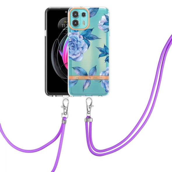 For Motorola Edge 20 Lite Flowers Series TPU Phone Case with Lanyard(Blue Peony)