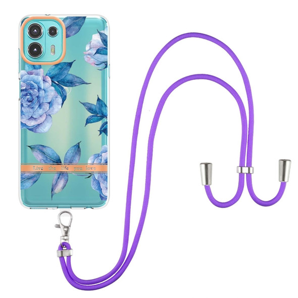 For Motorola Edge 20 Lite Flowers Series TPU Phone Case with Lanyard(Blue Peony)