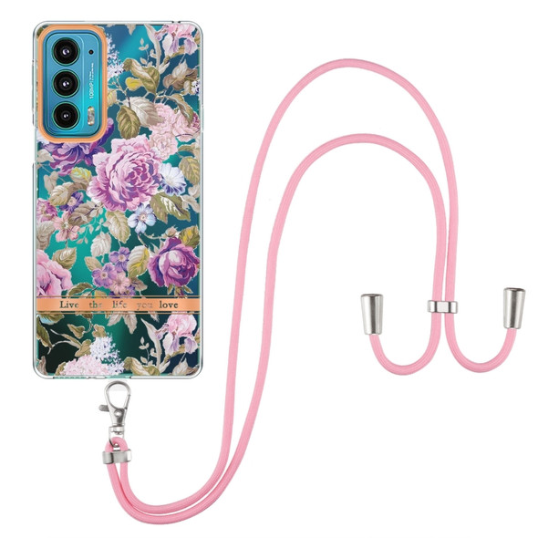 For Motorola Edge 20 Flowers Series TPU Phone Case with Lanyard(Purple Peony)