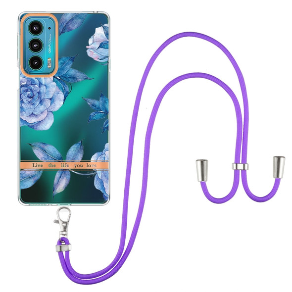 For Motorola Edge 20 Flowers Series TPU Phone Case with Lanyard(Blue Peony)