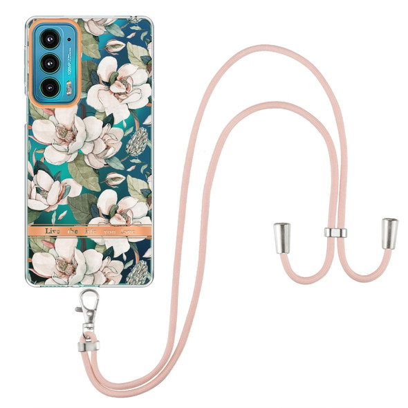 For Motorola Edge 20 Flowers Series TPU Phone Case with Lanyard(Green Gardenia)