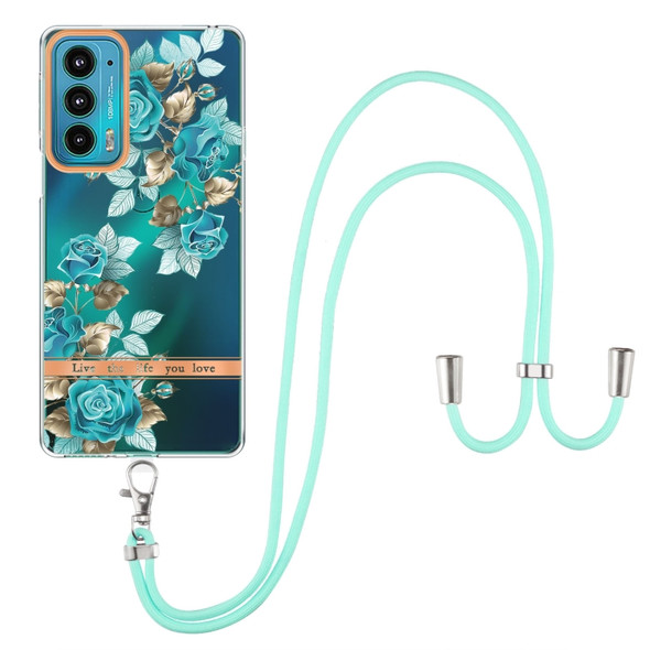 For Motorola Edge 20 Flowers Series TPU Phone Case with Lanyard(Blue Rose)