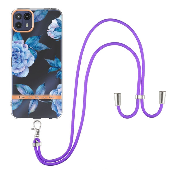 For Motorola Moto G50 5G Flowers Series TPU Phone Case with Lanyard(Blue Peony)