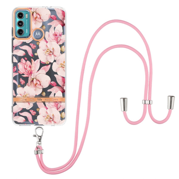 For Motorola Moto G60 / G40 Fusion Flowers Series TPU Phone Case with Lanyard(Pink Gardenia)