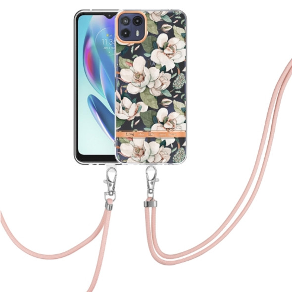 For Motorola Moto G50 5G Flowers Series TPU Phone Case with Lanyard(Green Gardenia)