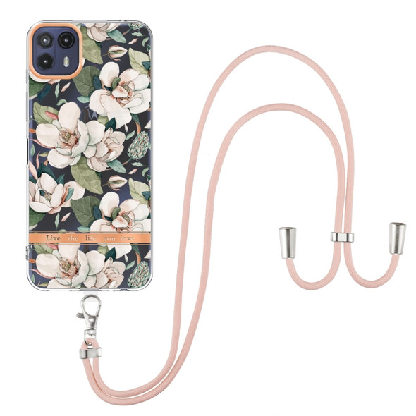 For Motorola Moto G50 5G Flowers Series TPU Phone Case with Lanyard(Green Gardenia)