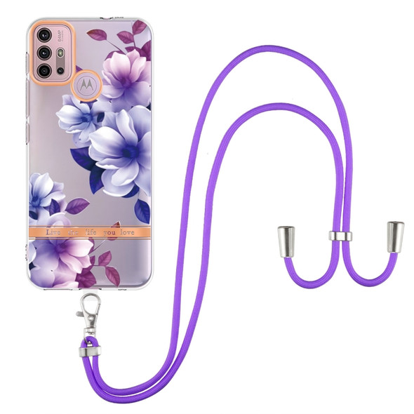 For Motorola Moto G30 / G20 / G10 / G10 Power Flowers Series TPU Phone Case with Lanyard(Purple Begonia)