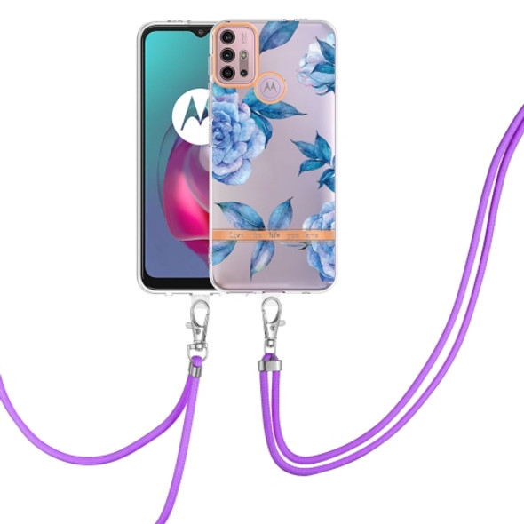 For Motorola Moto G30 / G20 / G10 / G10 Power Flowers Series TPU Phone Case with Lanyard(Blue Peony)
