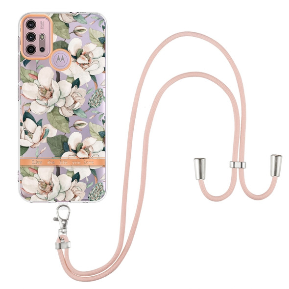 For Motorola Moto G30 / G20 / G10 / G10 Power Flowers Series TPU Phone Case with Lanyard(Green Gardenia)