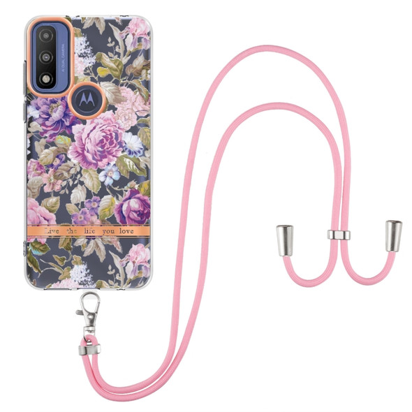 For Motorola Moto G Pure Flowers Series TPU Phone Case with Lanyard(Purple Peony)