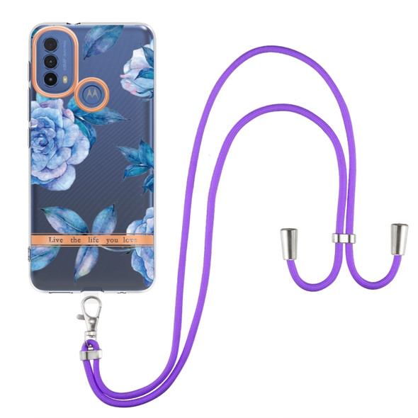 For Motorola Moto E20 / E30 / E40 Flowers Series TPU Phone Case with Lanyard(Blue Peony)