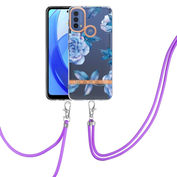 For Motorola Moto E20 / E30 / E40 Flowers Series TPU Phone Case with Lanyard(Blue Peony)