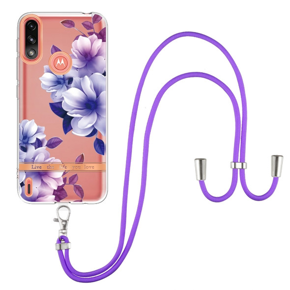 For Motorola Moto E7 Power / Moto E7i Power Flowers Series TPU Phone Case with Lanyard(Purple Begonia)