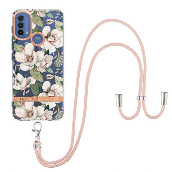 For Motorola Moto E20 / E30 / E40 Flowers Series TPU Phone Case with Lanyard(Green Gardenia)