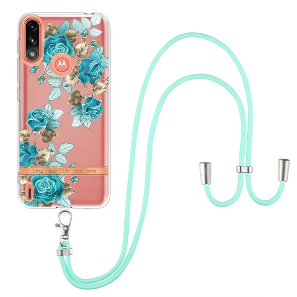 For Motorola Moto E7 Power / Moto E7i Power Flowers Series TPU Phone Case with Lanyard(Blue Rose)